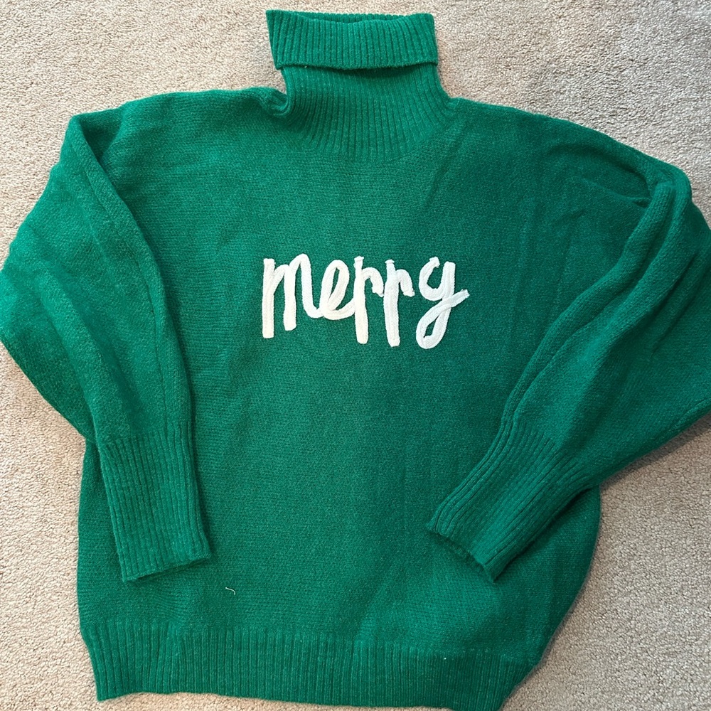 fab'rik Green Turtleneck Sweater with White 'Merry' Design